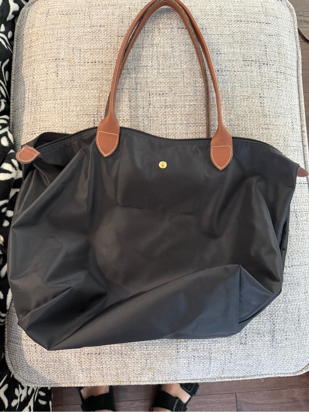 Longchamp Black Nylon Tote with Brown Leather Handles